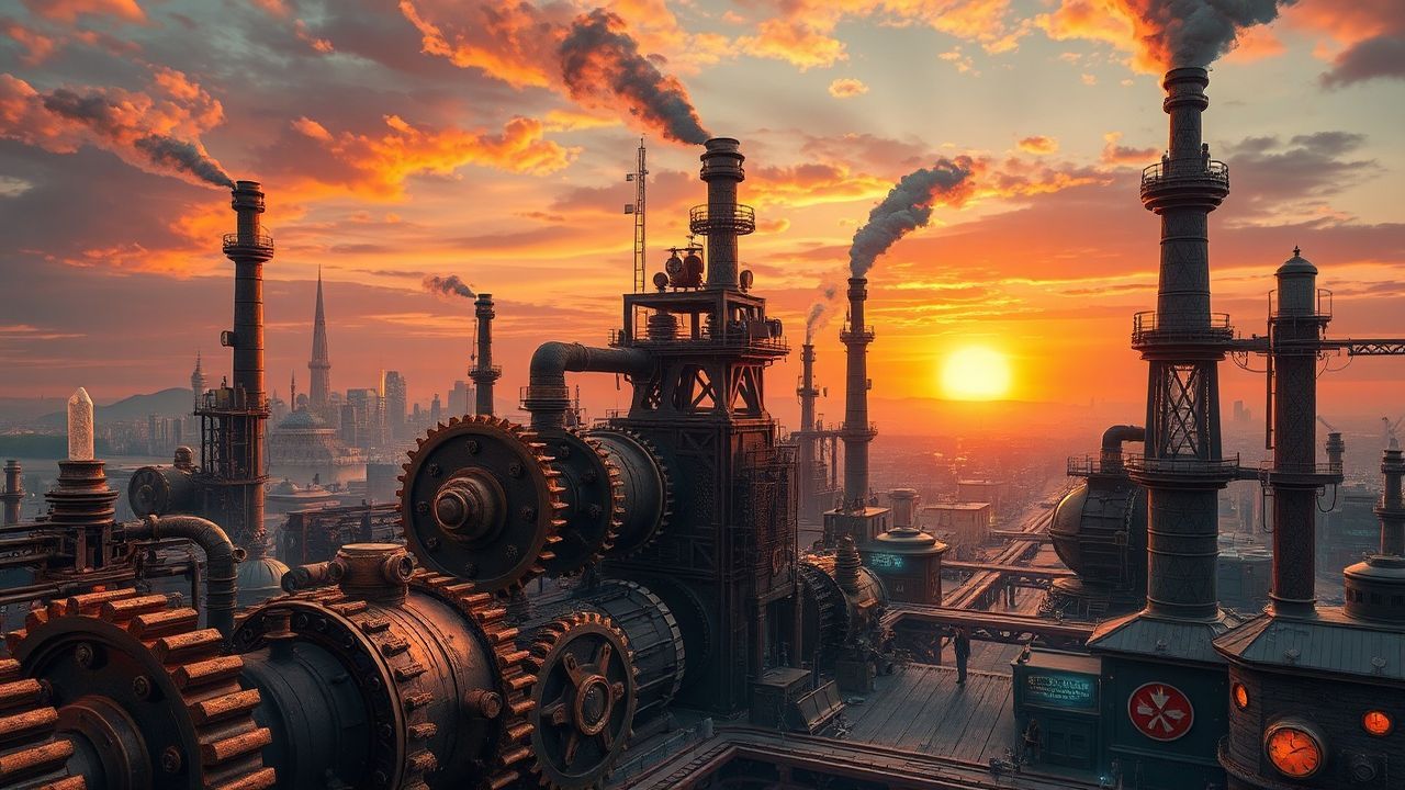 Industrial Steampunk City Brass at Sunset