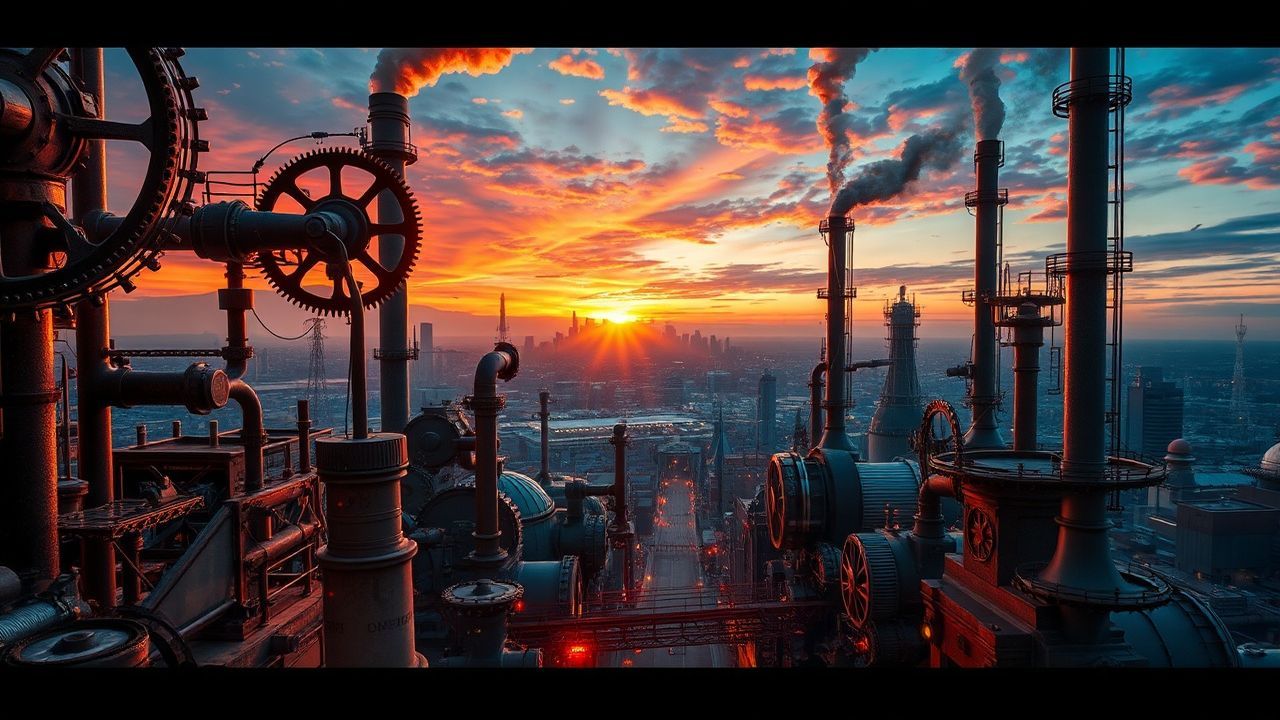 Ornate Steampunk City Brass at Sunset