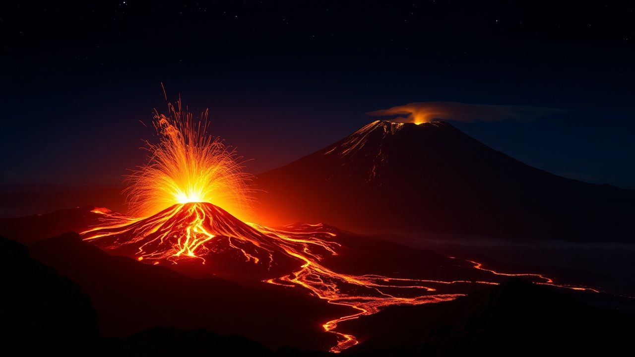 Dramatic Volcanic Eruption Lava by Night