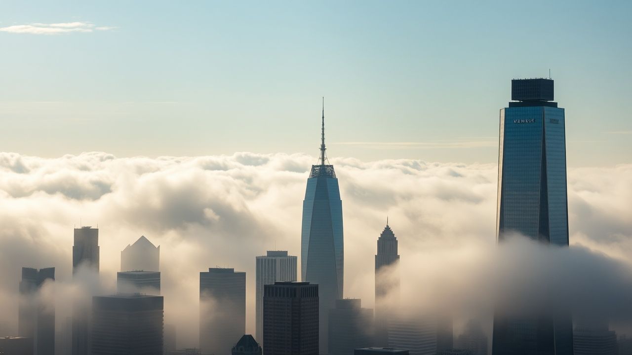 Panoramic City Skyscrapers Emerging in the Mist