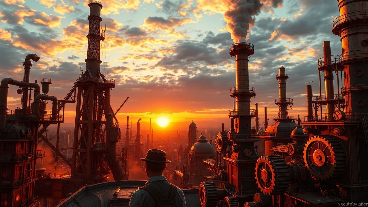 Mechanical Steampunk City Brass at Sunset
