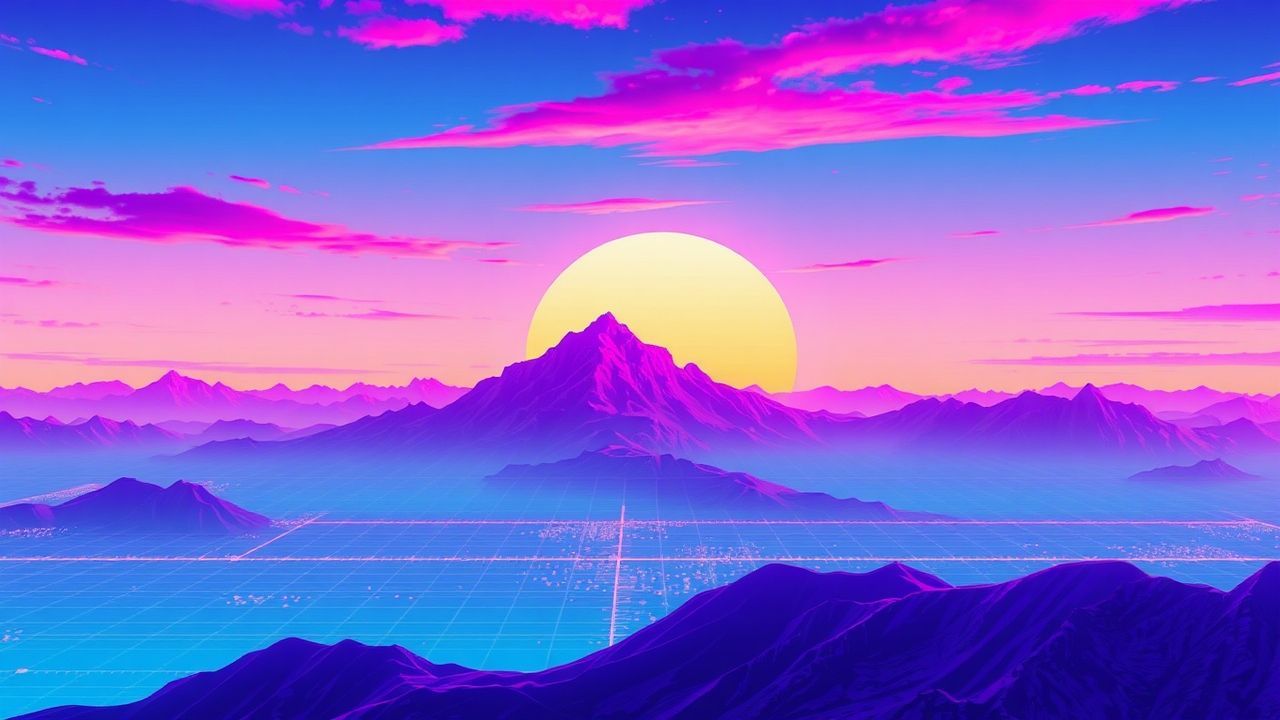 Pastel Vaporwave Grid Mountains at Sunset