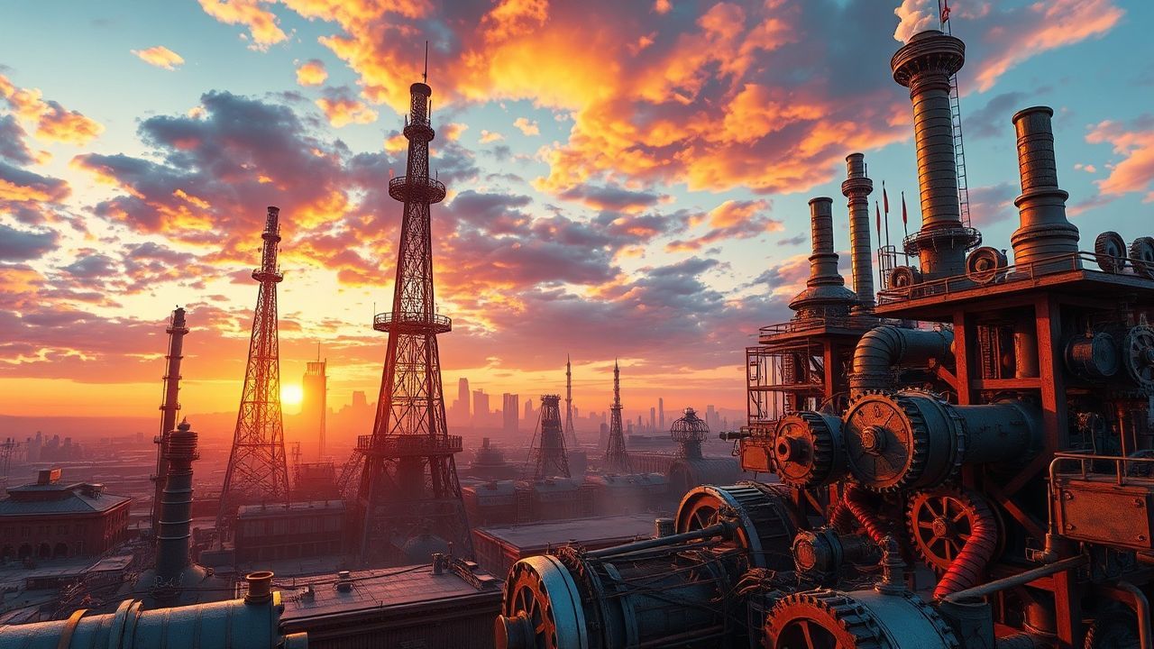 Industrial Steampunk City Brass at Sunset