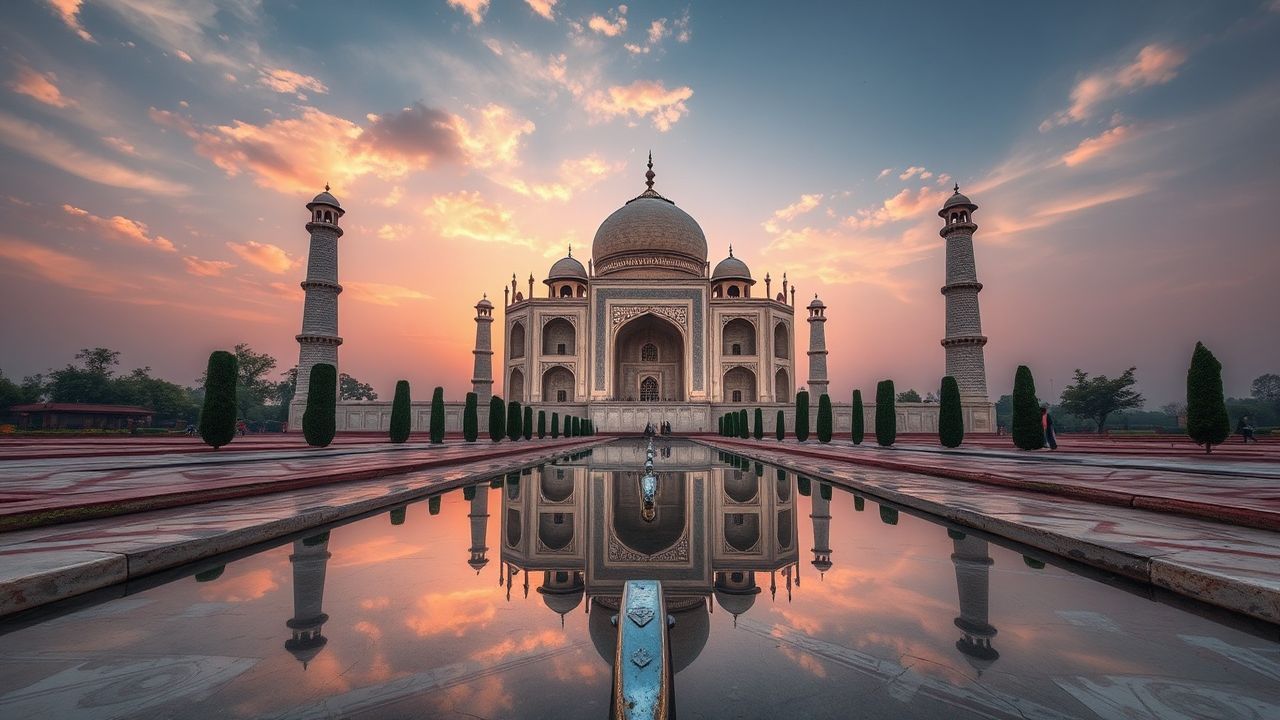 Majestic Taj Mahal Symmetry at Sunrise