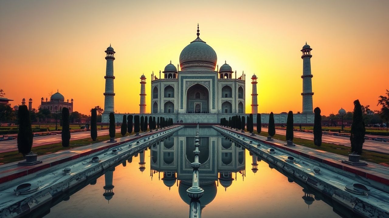 Iconic Taj Mahal Symmetry at Sunrise