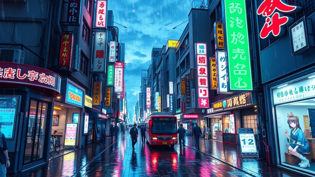 Radiant Tokyo Street Signs in the Rain
