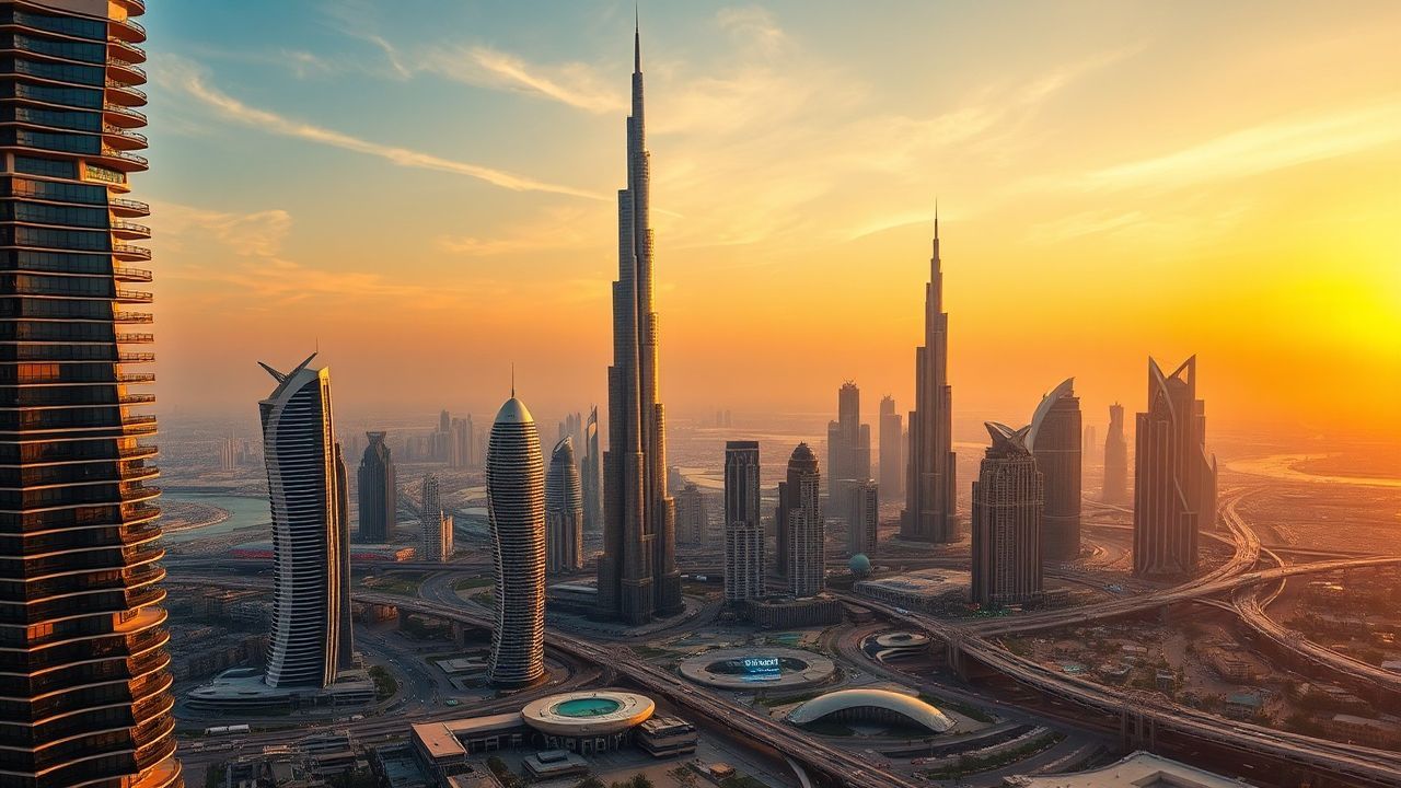 Iconic Dubai Futuristic Towers at Sunset