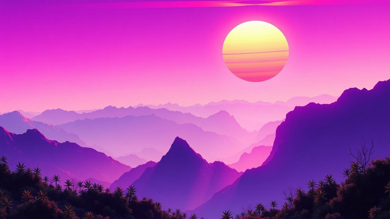 Pastel Vaporwave Grid Mountains at Sunset