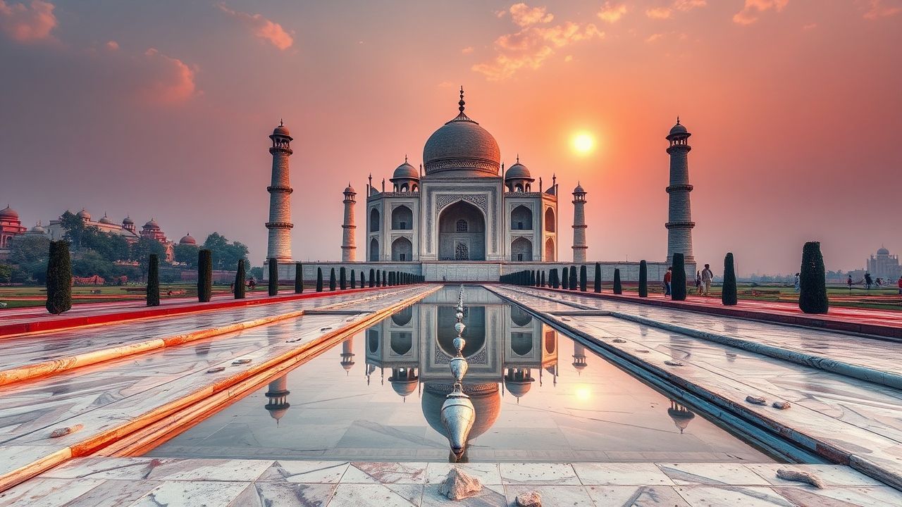 Majestic Taj Mahal Symmetry at Sunrise