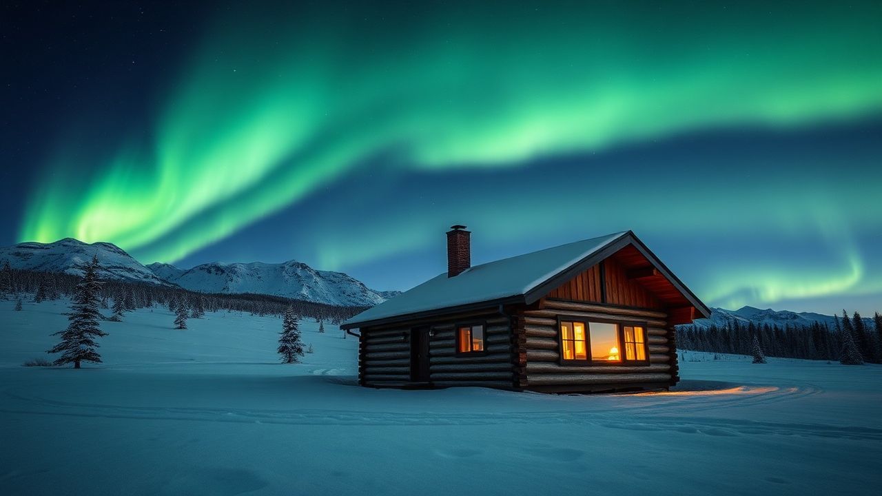 Golden Northern Lights Cabin in Winter
