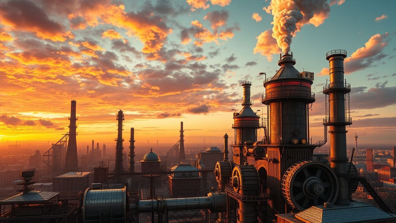 Victorian Steampunk City Brass at Sunset
