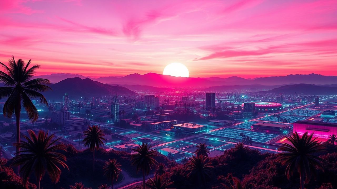 Vivid Synthwave Grid Mountains at Sunset