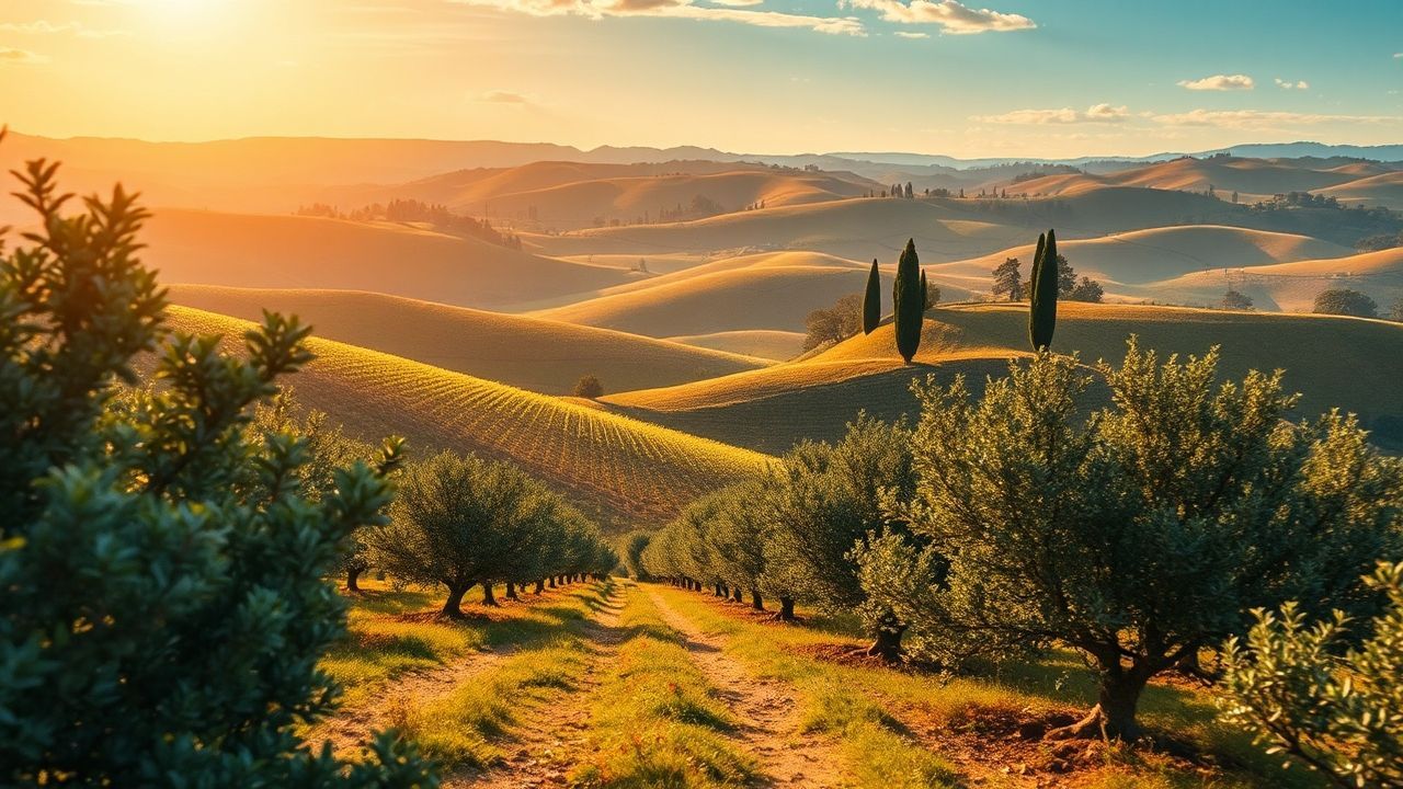 Vibrant Tuscany Olive Grove in Golden Light
