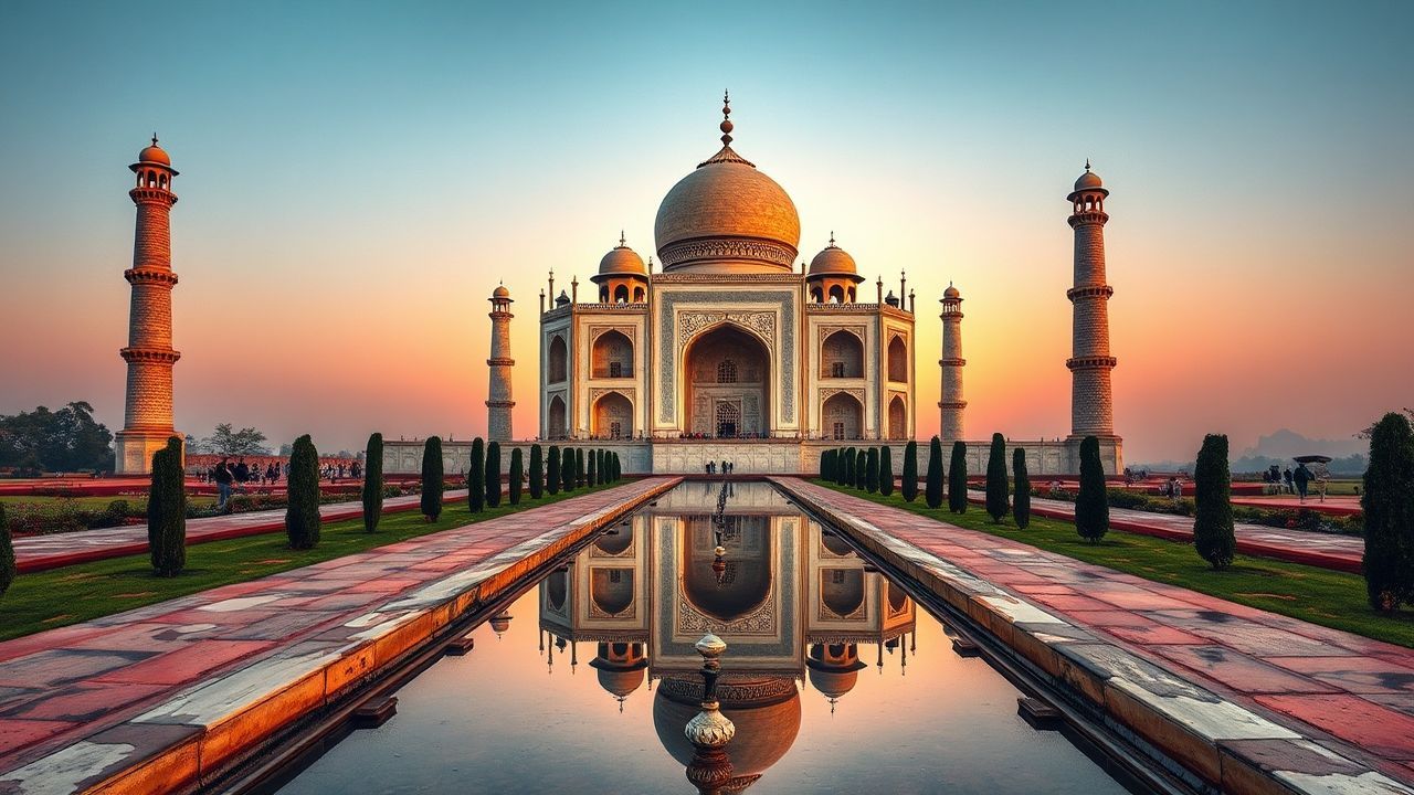 Ancient Taj Mahal Symmetry at Sunrise