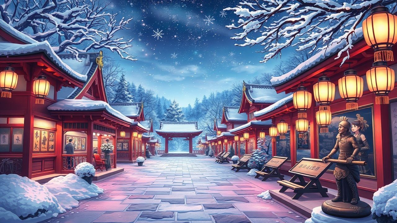 Vibrant Shrine Lanterns Anime in Winter