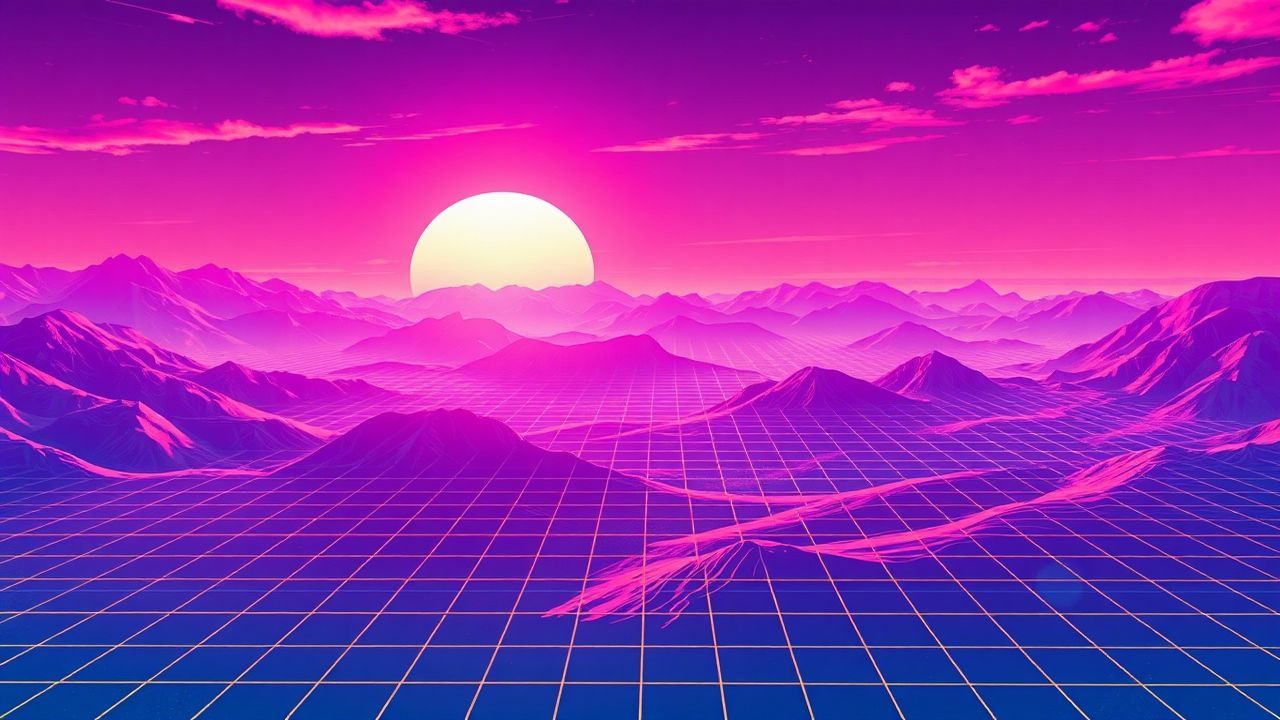 Retro Vaporwave Grid Mountains at Sunset