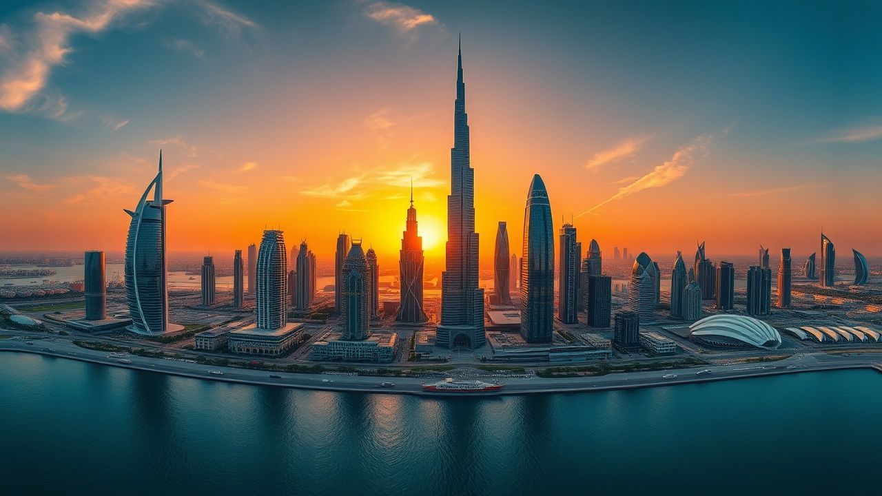Ancient Dubai Futuristic Towers at Sunset