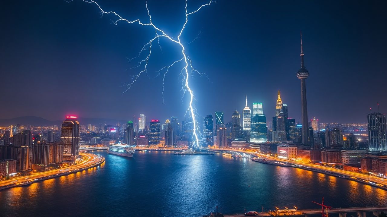 Radiant Lightning Bolt City by Night