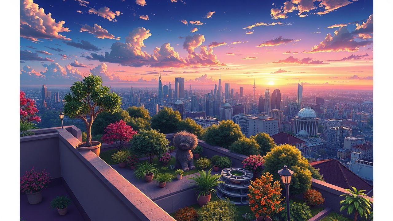 Luminous Rooftop Garden City at Sunset