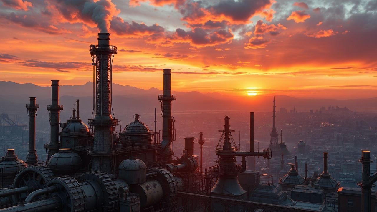 Ornate Steampunk City Brass at Sunset
