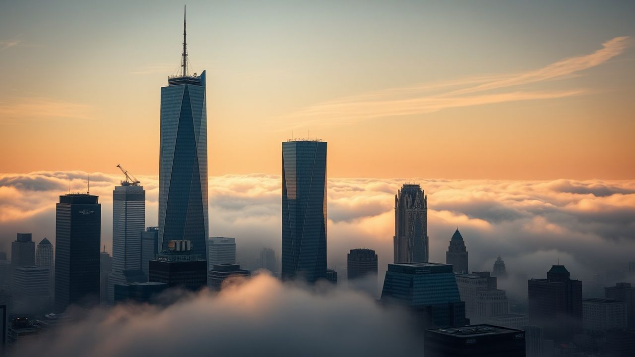 Vibrant City Skyscrapers Emerging in the Mist