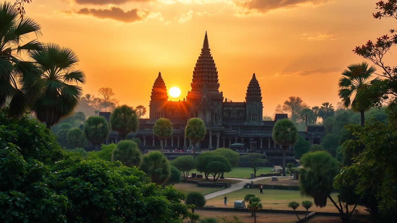 Ancient Angkor Wat Wat Temple at Sunrise