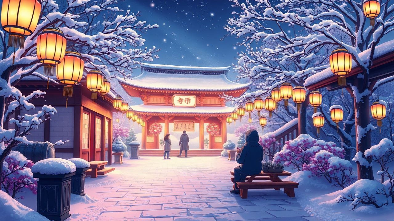 Blissful Shrine Lanterns Anime in Winter