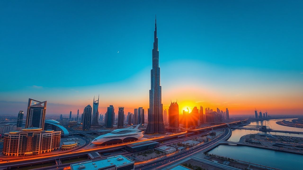 Majestic Dubai Futuristic Towers at Sunset