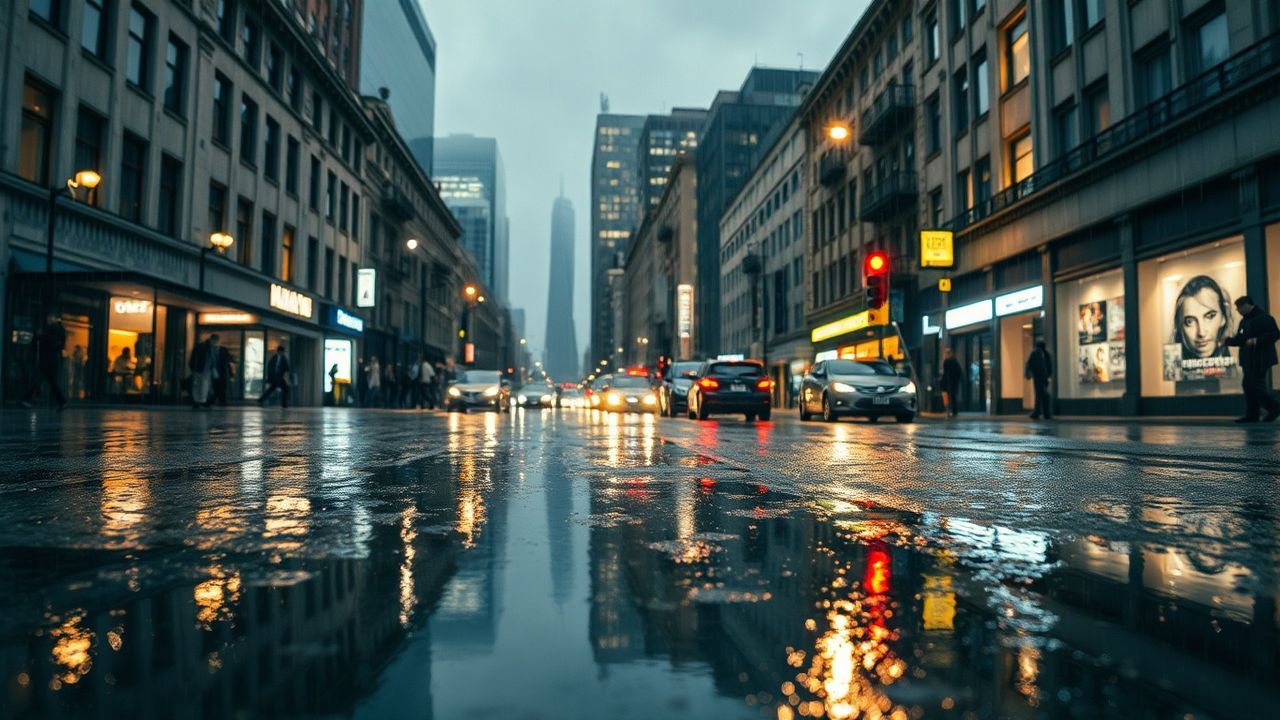 Towering Street Reflections Lights in the Rain