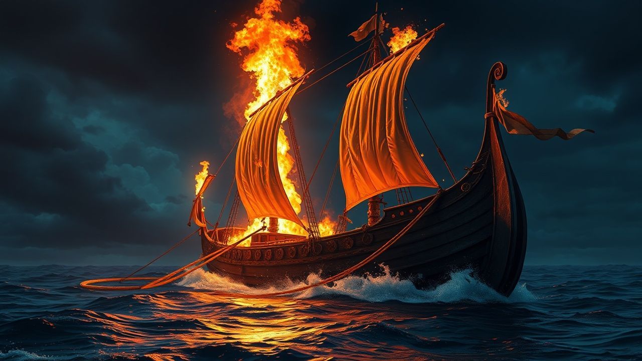 Ominous Viking Funeral Burning by Night