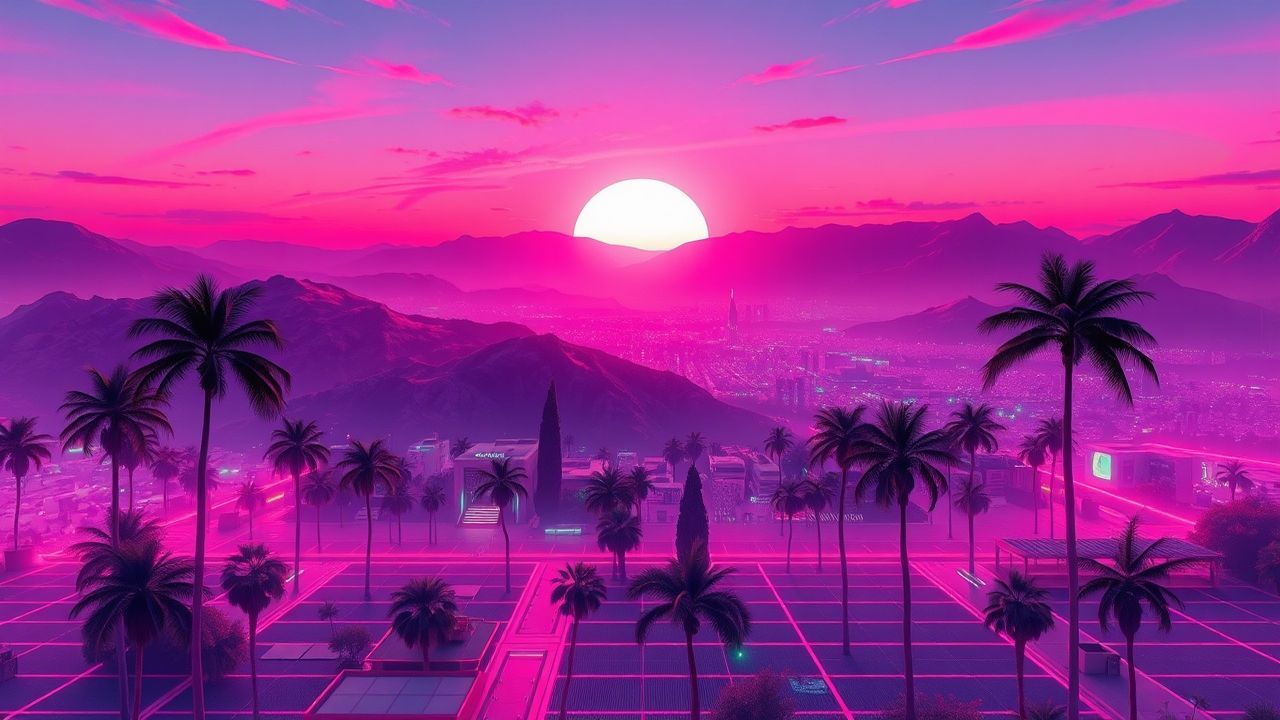 Chromatic Synthwave Grid Mountains at Sunset