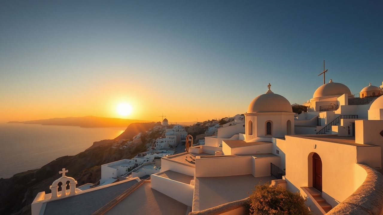 Sun-Kissed Santorini Domes White at Sunset