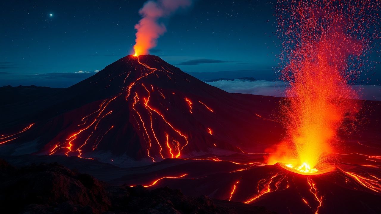 Tranquil Volcanic Eruption Lava by Night