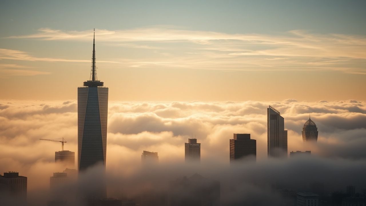 Metropolitan City Skyscrapers Emerging in the Mist