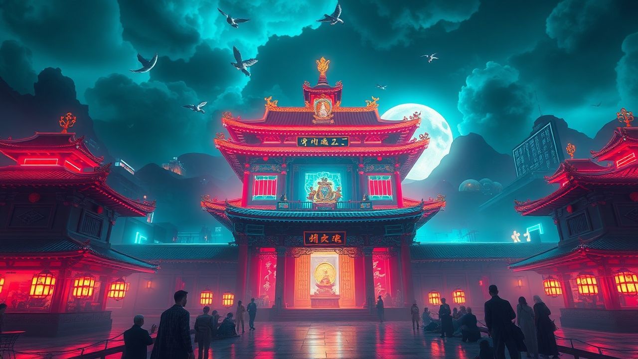 Blazing Temple Shrine Traditional Neon Dreams