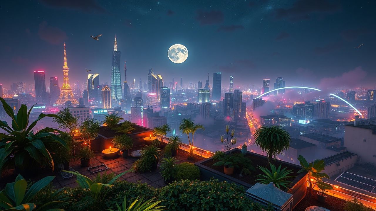 Electric Rooftop Garden Oasis by Night