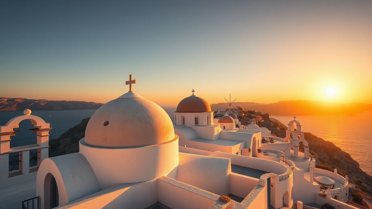 Golden Santorini Domes White at Sunset