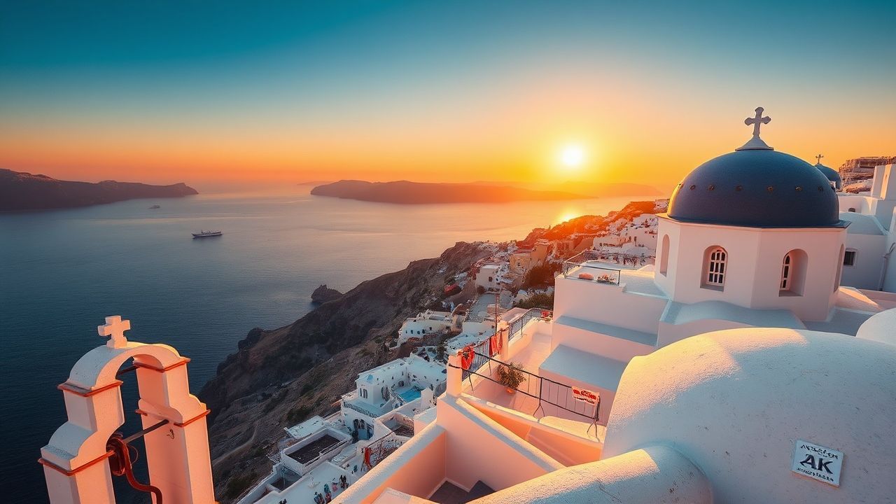 Golden Santorini Domes White at Sunset