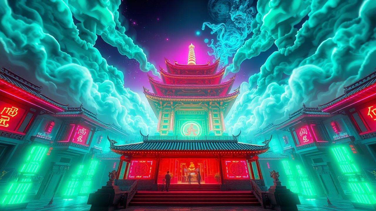 Vibrant Temple Shrine Traditional Neon Dreams