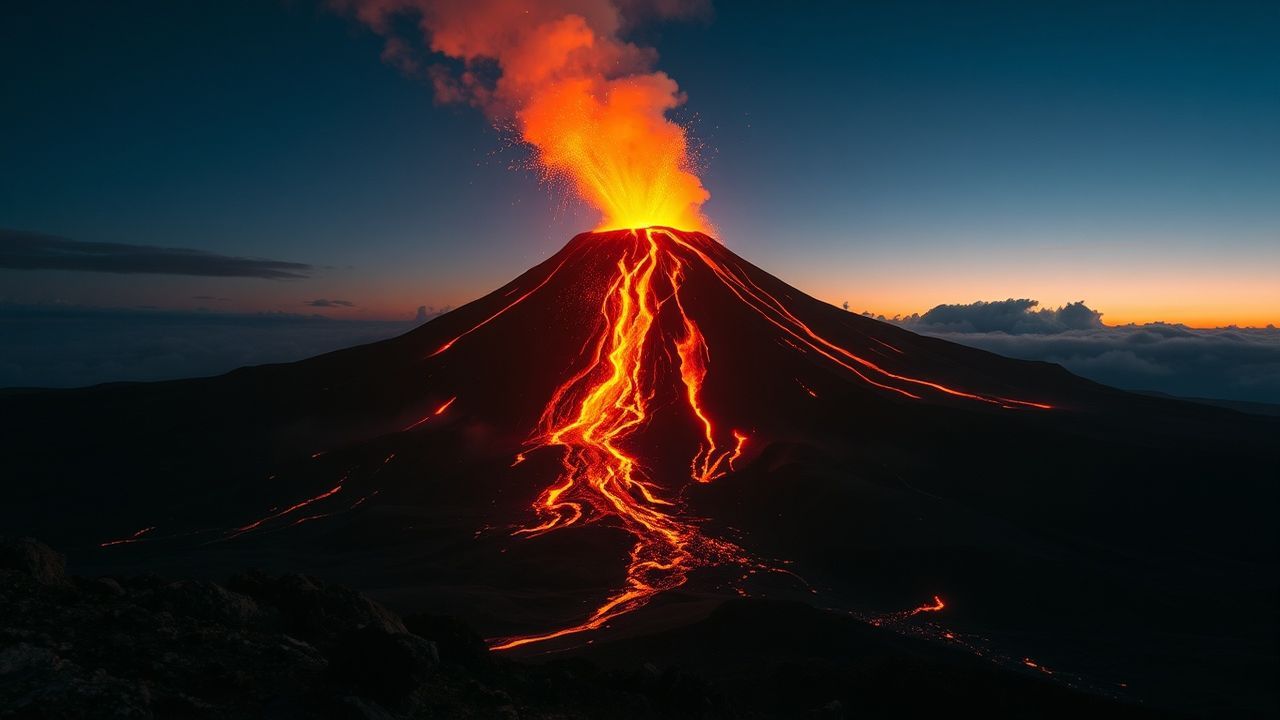 Serene Volcanic Eruption Lava by Night