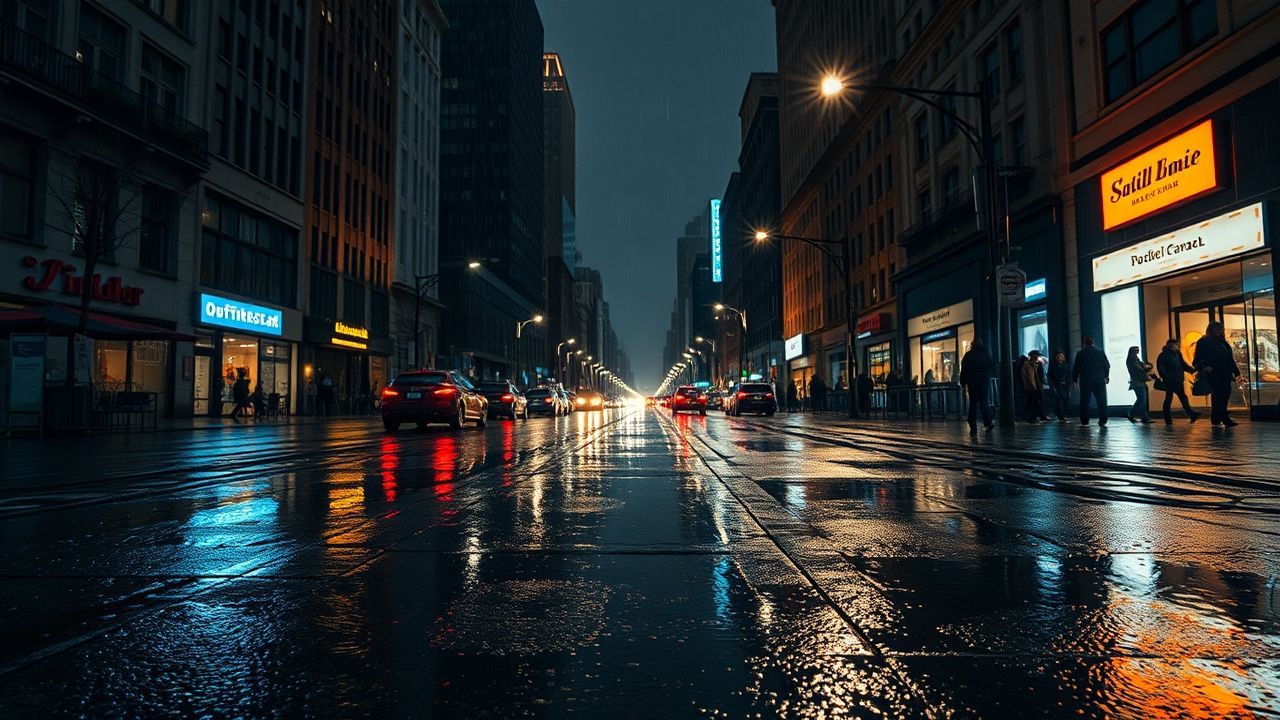 Panoramic Street Reflections Lights in the Rain