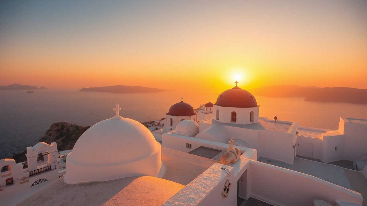 Golden Santorini Domes White at Sunset