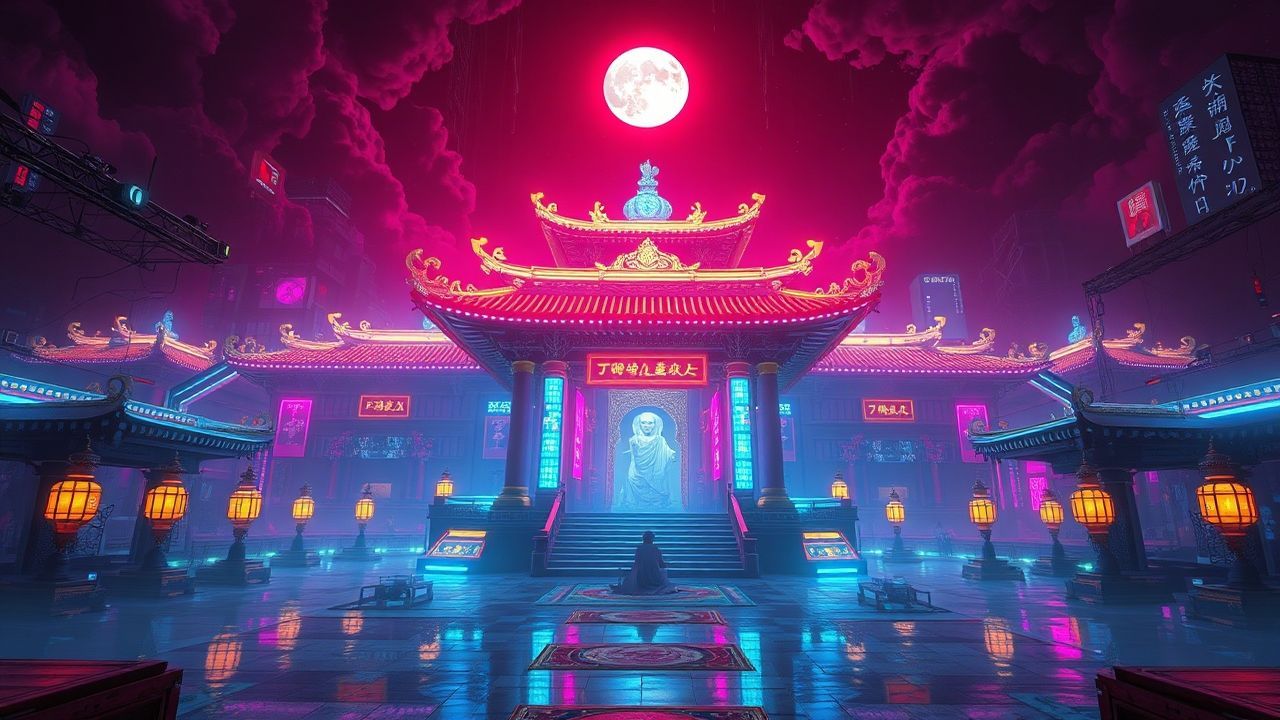 Luminous Temple Shrine Traditional Neon Dreams
