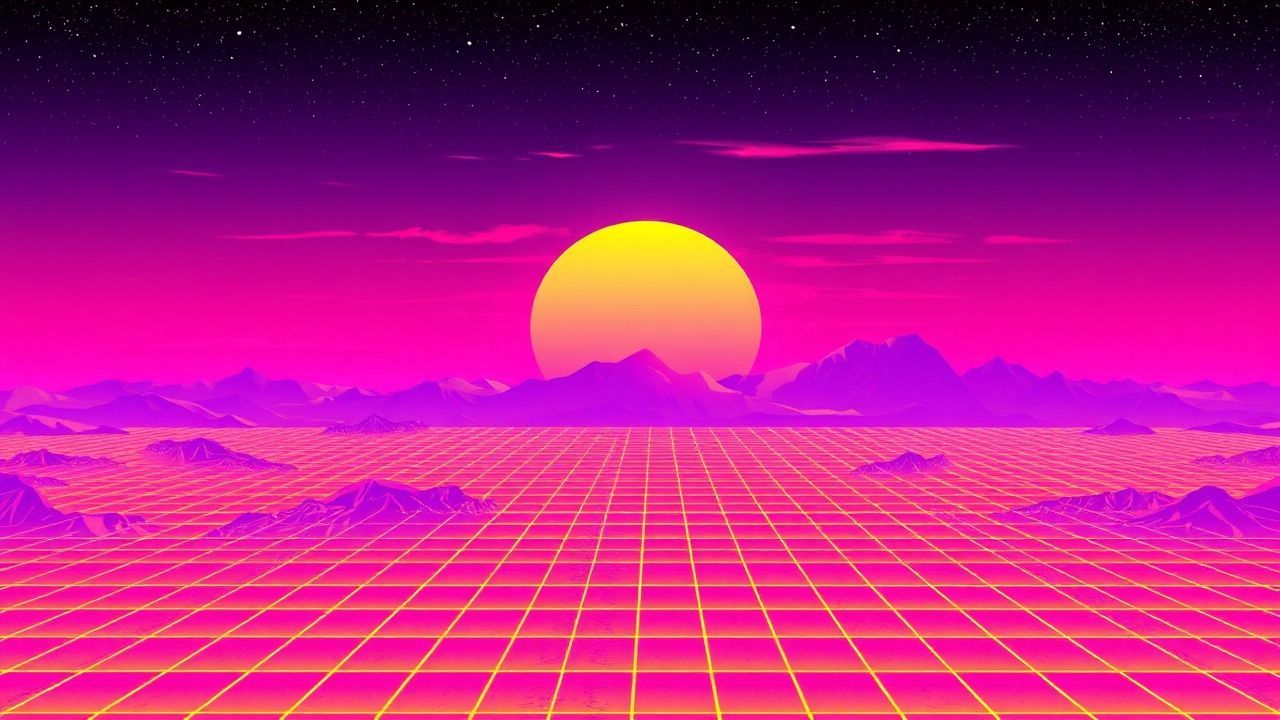 Glitch Vaporwave Grid Mountains at Sunset