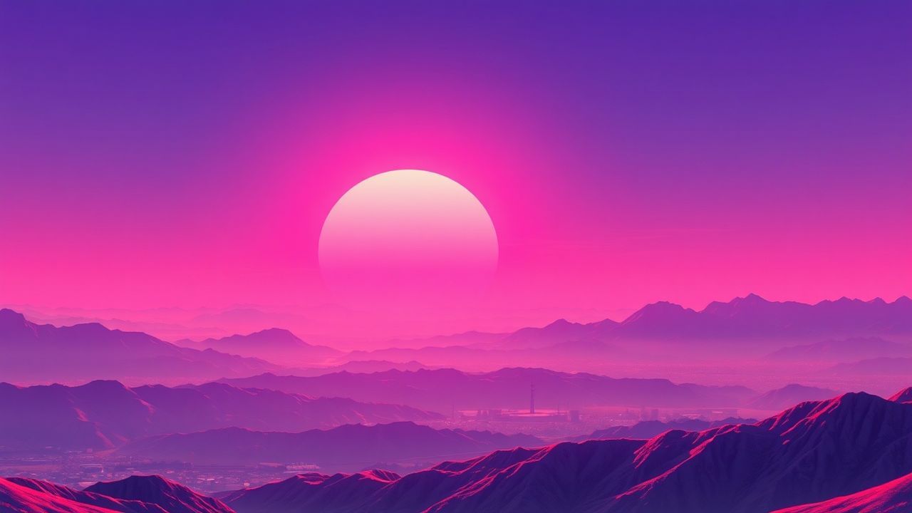 Dreamy Vaporwave Grid Mountains at Sunset