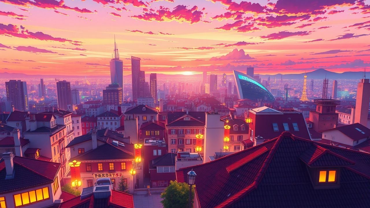 Blissful Anime Cityscape Hour in Golden Light