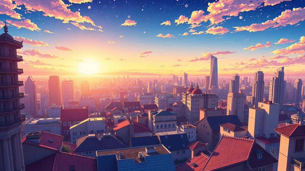 Blissful Anime Cityscape Hour in Golden Light
