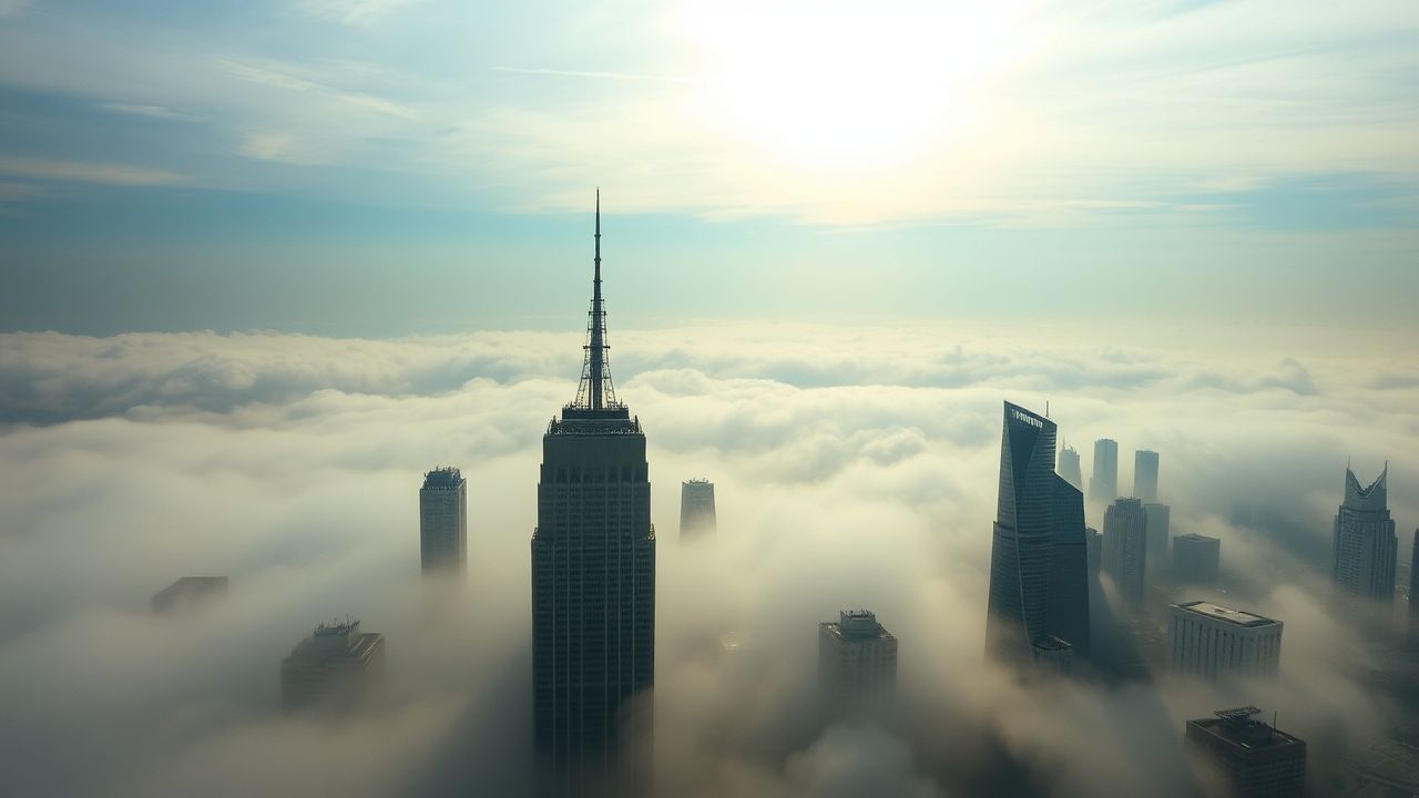 Towering City Skyscrapers Emerging in the Mist