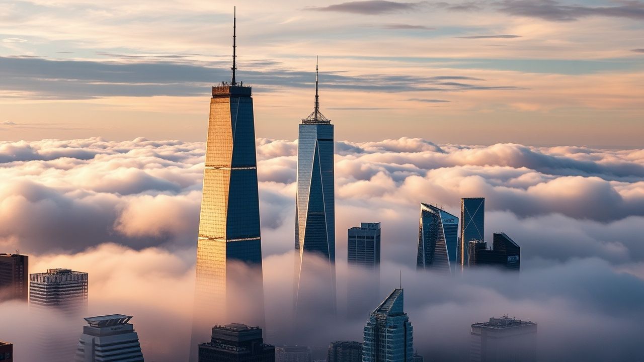 Electric City Skyscrapers Emerging in the Mist