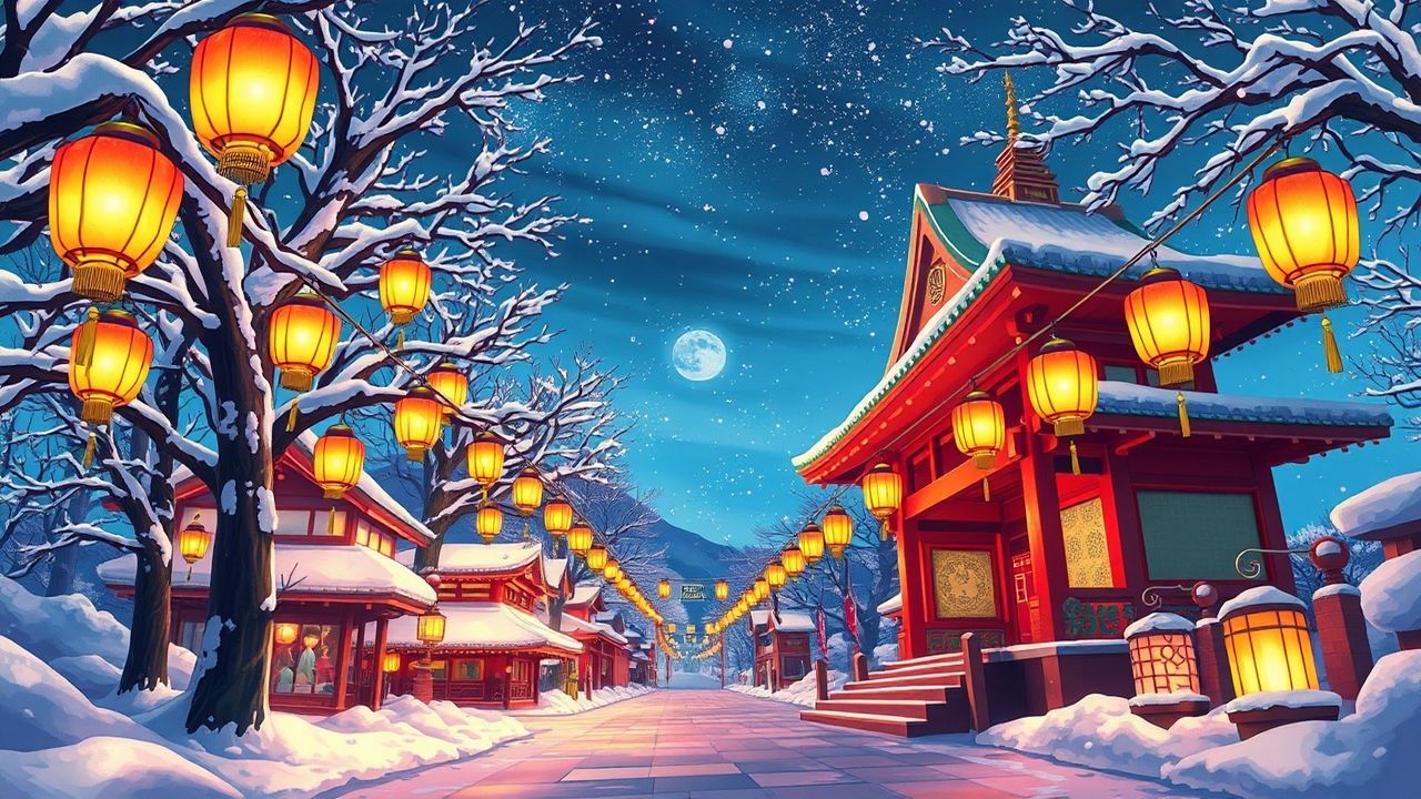 Radiant Shrine Lanterns Anime in Winter